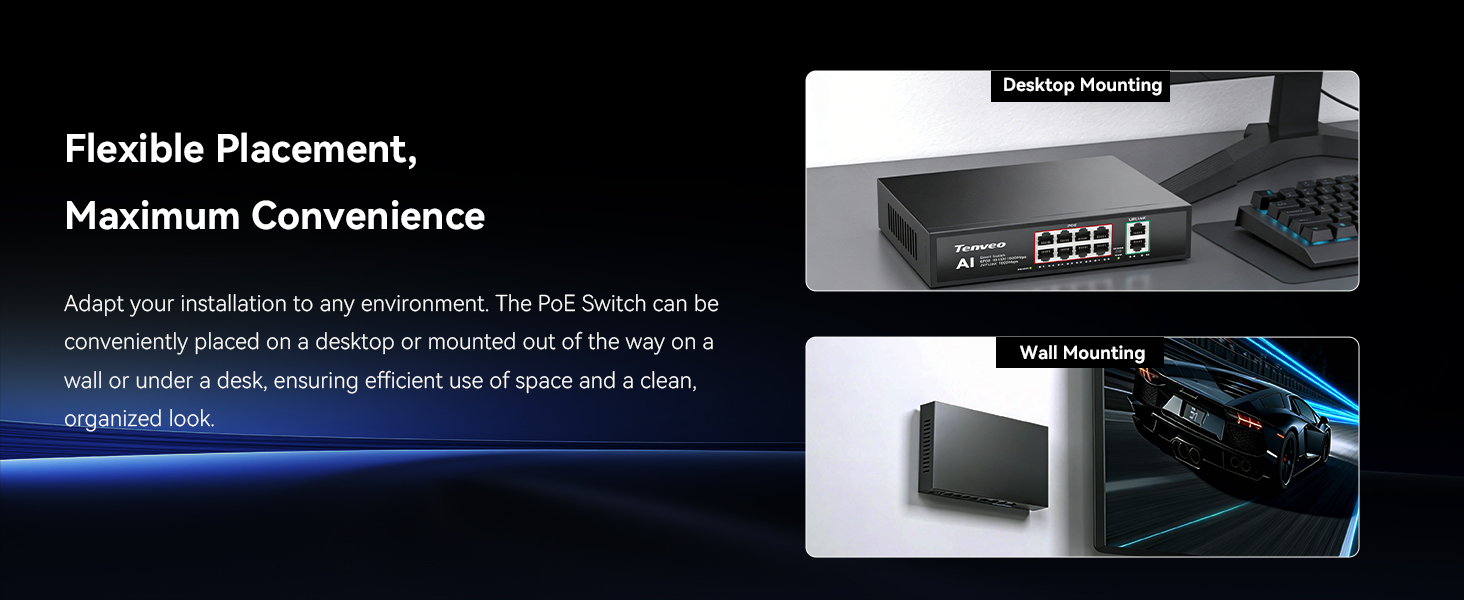 Text reads: 'Flexible Placement, Maximum Convenience' with additional body text partially visible. Product images show networking/electronic equipment device with flexible placement configuration options displayed.
