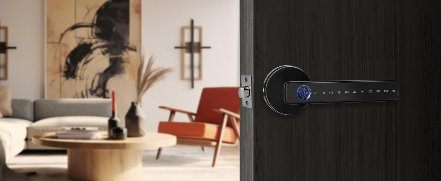 Black smart door lock with digital display. Sleek design featuring a handle and keypad, mounted on a door in a modern living room setting.