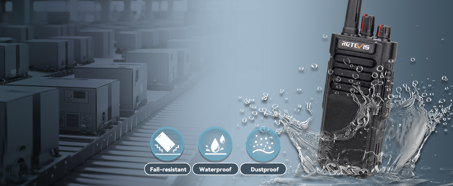 Waterproof two-way radio shown against industrial background with water splash effects and water resistance icons.