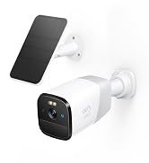 Outdoor security camera with large solar panel. White base unit with dome-shaped black camera featuring multiple lenses. Blue indicator light visible.