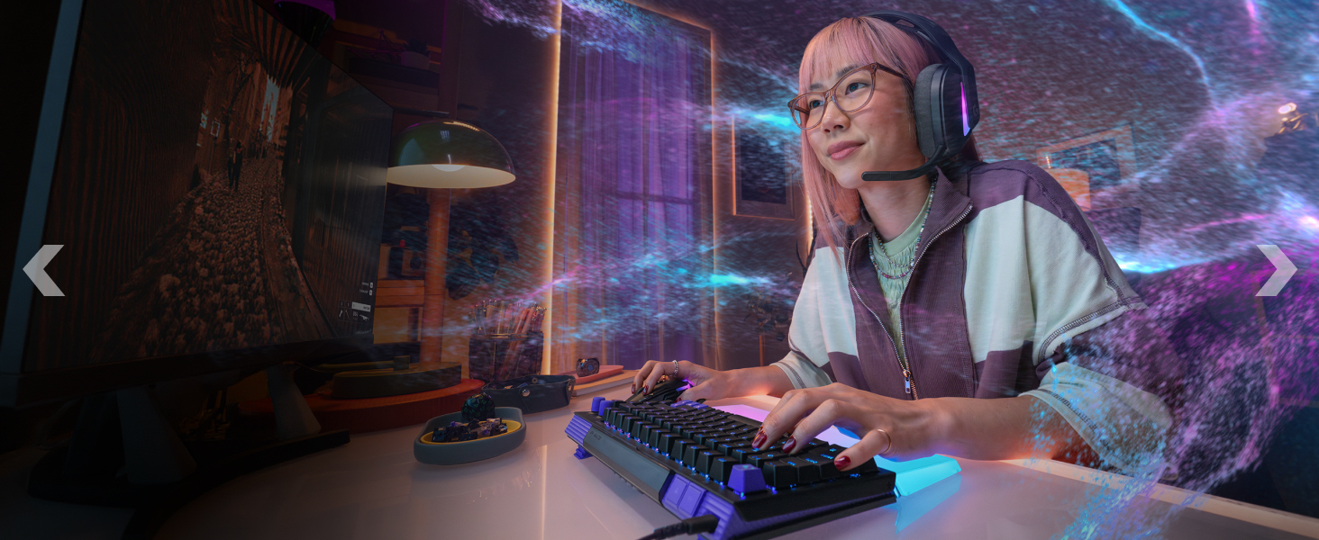 Indoor scene with colorful neon-like lighting effects and smoke/haze creating an atmospheric environment.