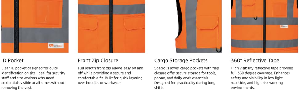 Text reads 'HI VIS BODYWARMER'. Display of four safety vests in yellow and orange colors with reflective strips, shown in product lineup format.