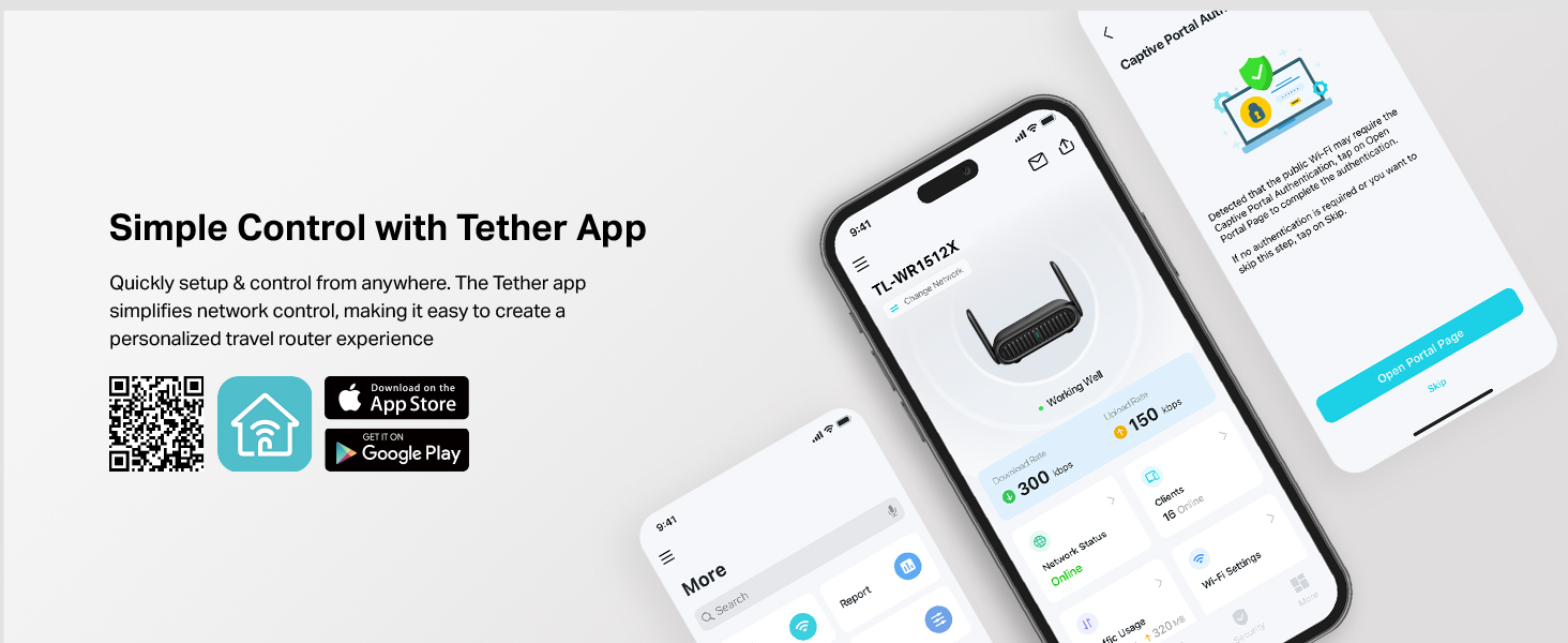 Text reads 'Simple Control with Tether App'. Mobile app interface mockups showing remote control functionality, with QR code and app store badges visible.