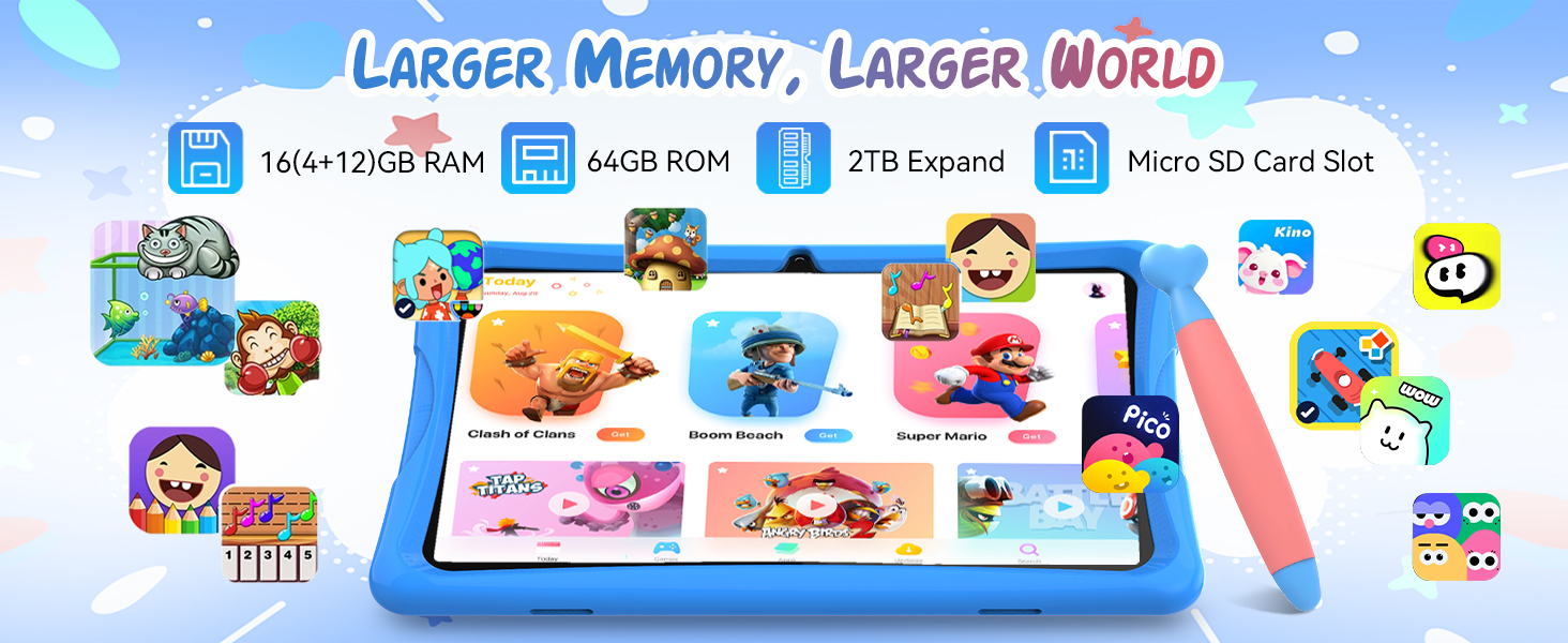 Text reads 'LARGER MEMORY, LARGER WORLD'. Blue tablet device displaying colorful educational content with cartoon characters, icons, and learning applications.