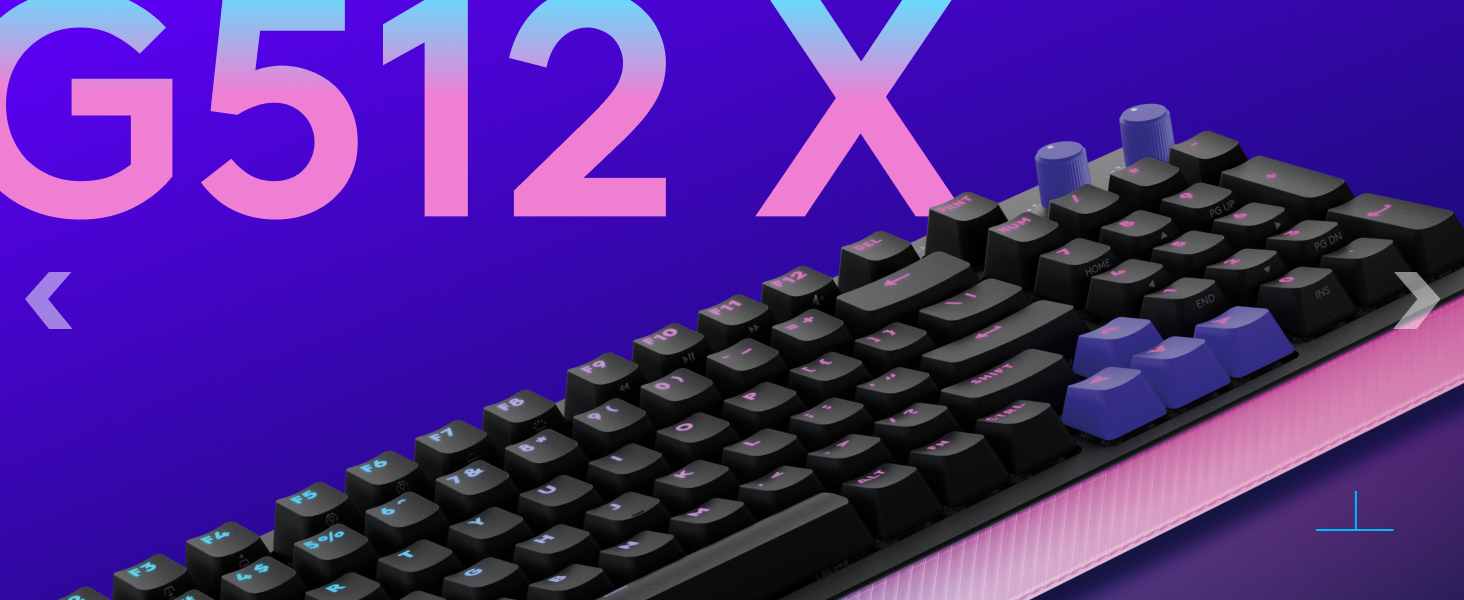 Text reads 'G512 X'. Close-up of a mechanical keyboard with purple backlighting, showing black keycaps and aluminum frame.