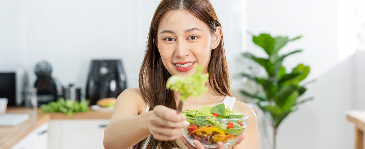 Collection of lifestyle images showing people eating healthy meals and working in modern office environments with plants and natural lighting.