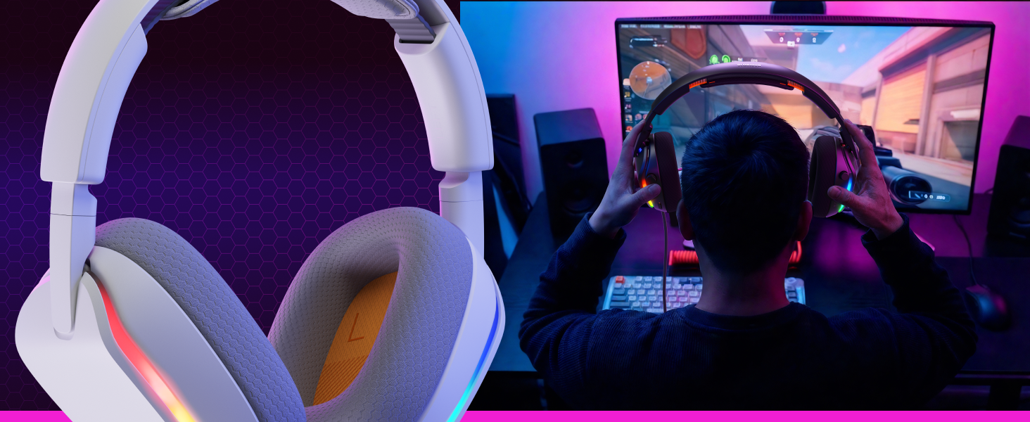 Gaming headset with RGB lighting displayed in action shots, showing various color modes and lighting patterns in use.
