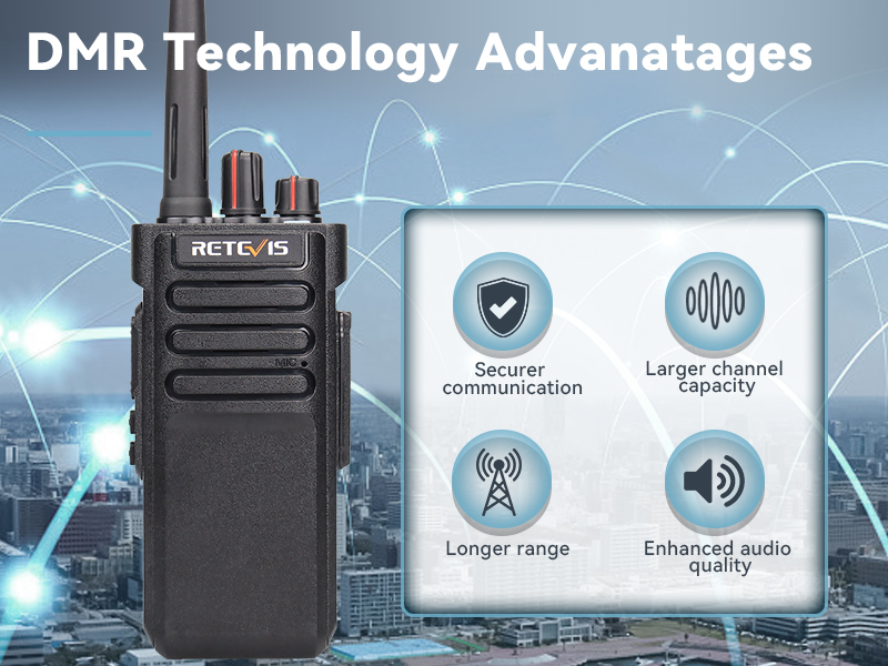VOX hands-free two-way radio device shown clipped to professional workwear, highlighting portable communication functionality.