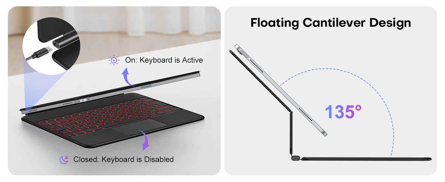 Text reads 'Floating Cantilever Design' and '135°'. Multiple product demonstration images showing a laptop stand with adjustable angles and floating design displayed on wooden surfaces.