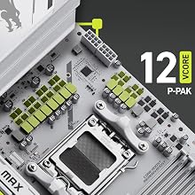 Text reads 'MSI' and 'B850'. Computer motherboard detail showing white PCB with AMD B850 chipset highlighted in yellow-green accent color.