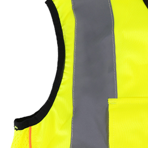 Close-up of neon yellow mesh material with textured pattern, bordered by orange-red edges.