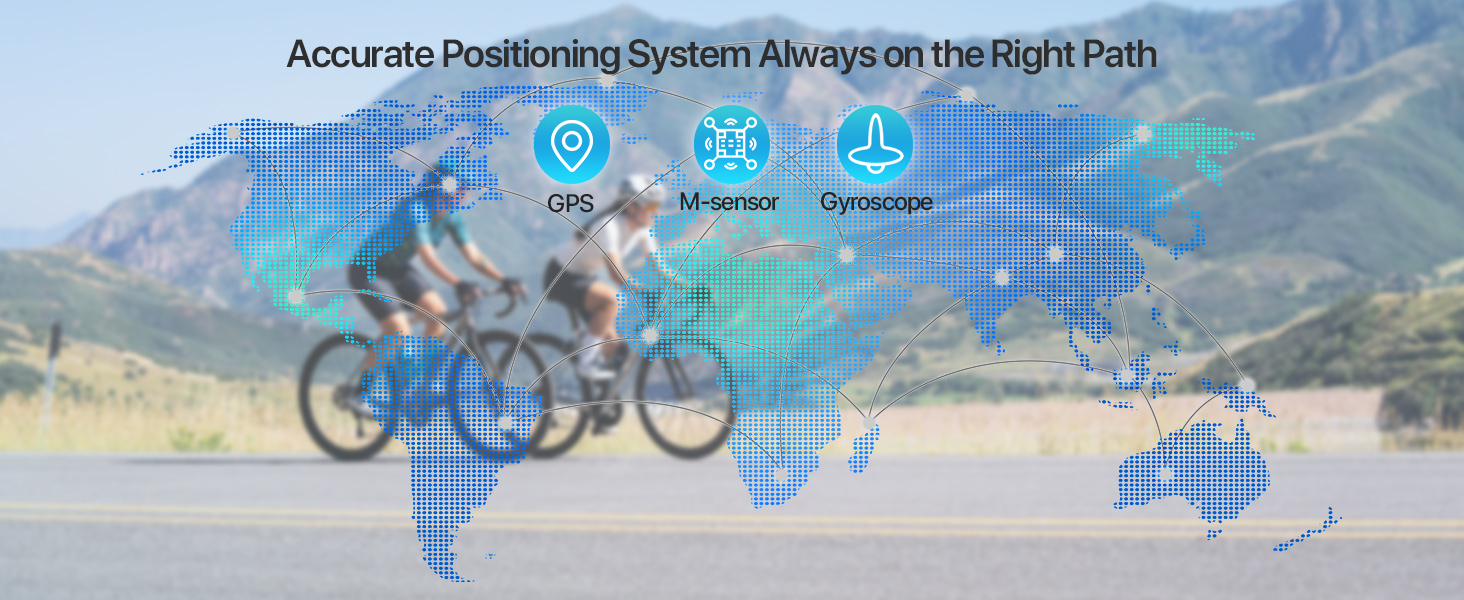 World map showing global positioning system coverage with cyclist overlay and blue circular indicators marking various locations.
