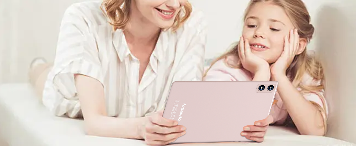 Light pink rectangular tablet or smartphone held horizontally. Device has rounded corners and dual rear cameras visible in upper left corner.