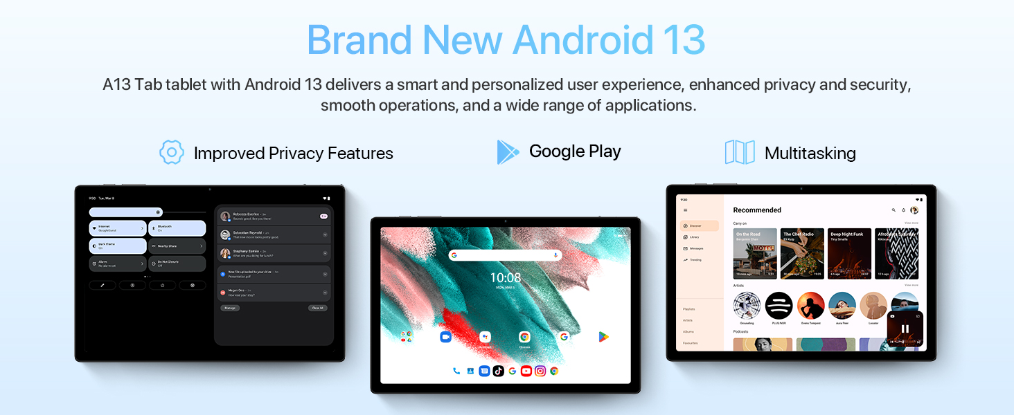 Android 13 features showcased on tablet screens: improved privacy, Google Play, and multitasking. Text highlights brand new Android 13 with enhanced privacy and security.