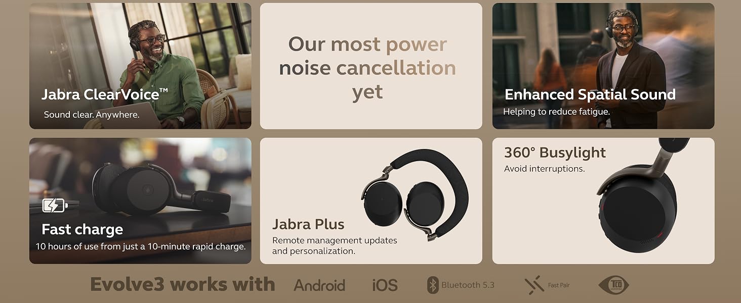 Text reads 'Our most power', 'Micro Clear Voice', 'noise cancellation', 'yet', 'Enhanced Spatial Sound', '360° BrightVue', 'Fast charge'. Product interface showing multiple feature icons.