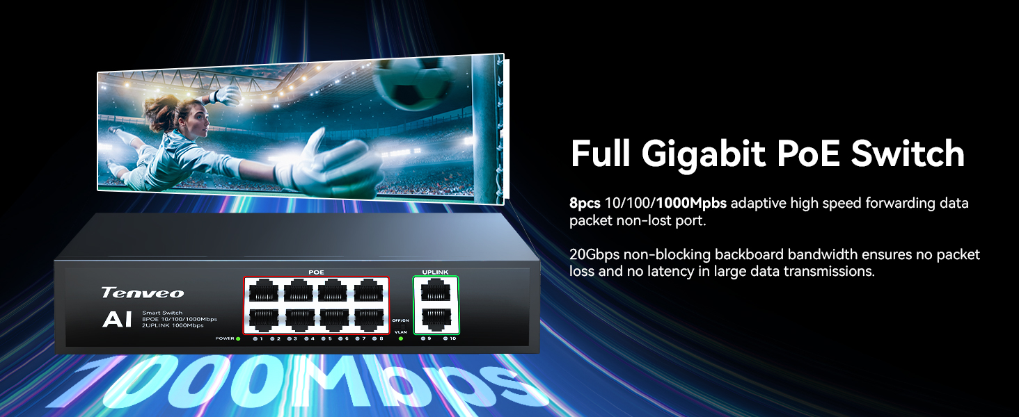Text reads 'Full Gigabit PoE Switch'. Network switch device photographed with laptop and illuminated blue technology background, showing connectivity ports and professional networking equipment.