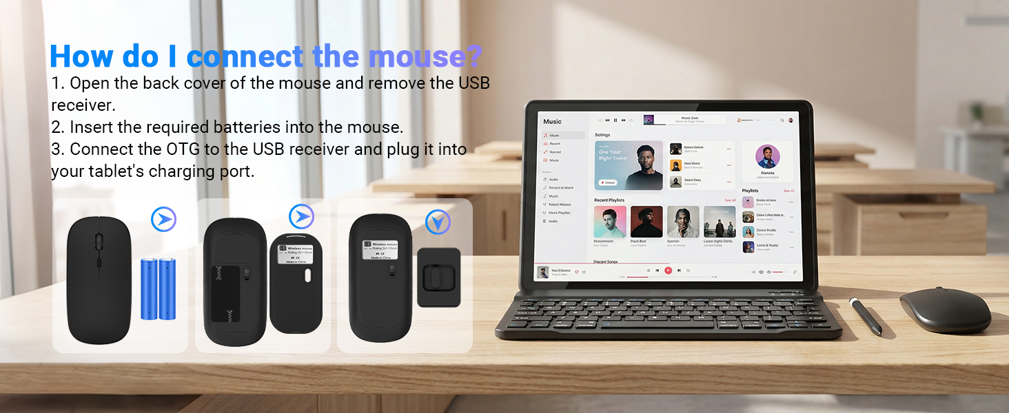 Text reads 'How do I connect the mouse?', 'Open the back cover of the mouse and remove the USB receiver', 'Insert the required batteries into the mouse', 'Connect the OTG to the USB receiver and plug it into your tablet's charging port.' Laptop displaying website with black wireless mouse and charging accessories on desk.