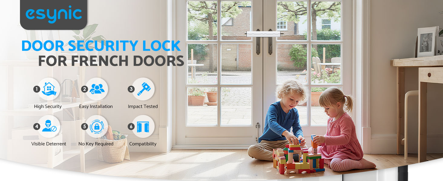 Text reads 'DOOR SECURITY LOCK FOR FRENCH DOORS' with images showing door security installation or demonstration.