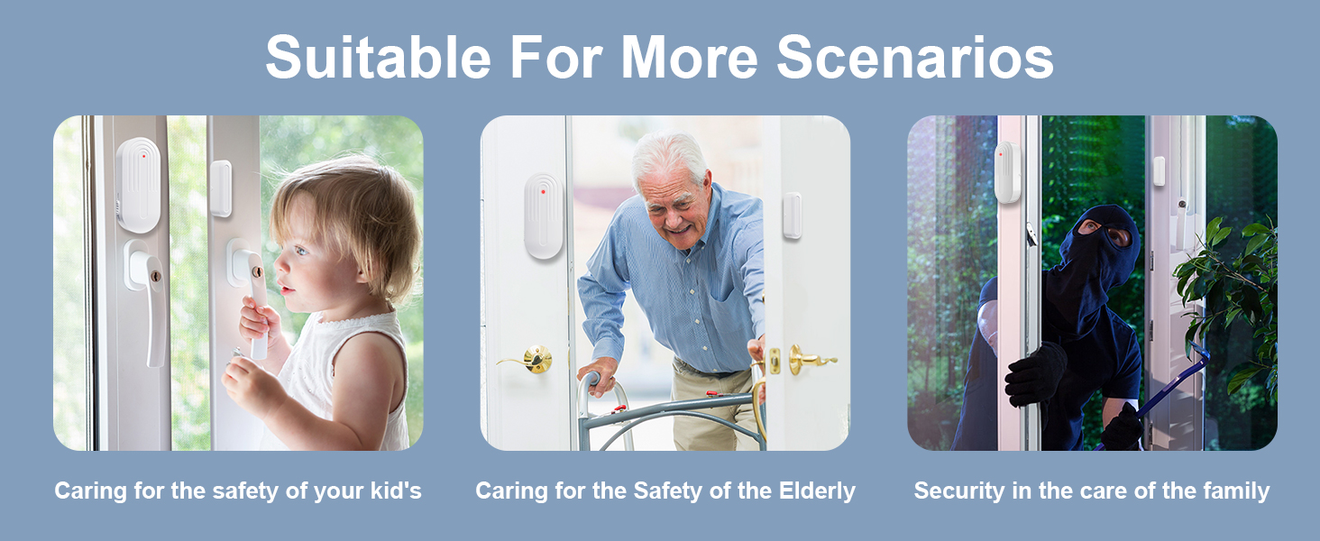 Three-panel image showing child brushing teeth, elderly man using walker, and person at door. Text: 'Suitable For More Scenarios'.
