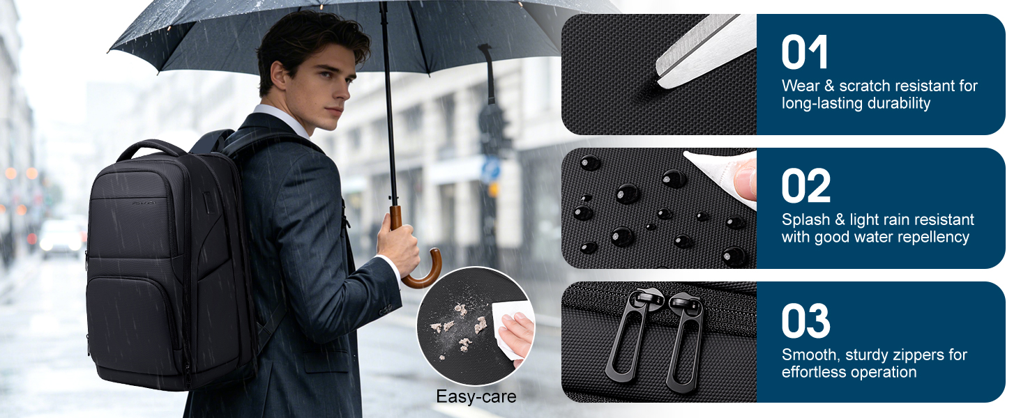 Text reads '01 Water & stain-resistant for all-weather use', '02 Lifetime warranty against defects', '03 Ergonomic design, quick-access pockets'. Man wearing dark suit holding black backpack with umbrella in urban setting, displaying weather-resistant features and organizational compartments.
