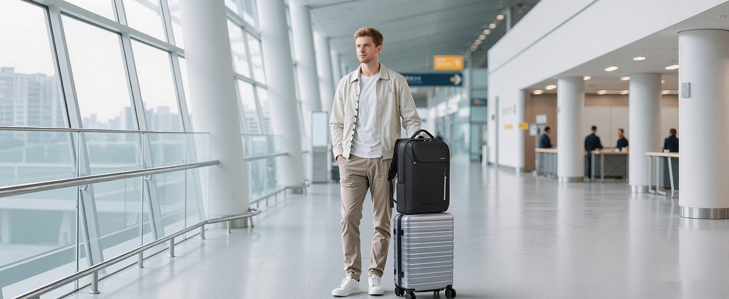 Man in beige blazer and pants standing in modern airport terminal, holding black rolling luggage suitcase beside large windows with city skyline view.