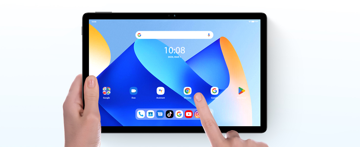 Hands holding and interacting with a large tablet device, showcasing its touchscreen interface with colorful geometric shapes on display.
