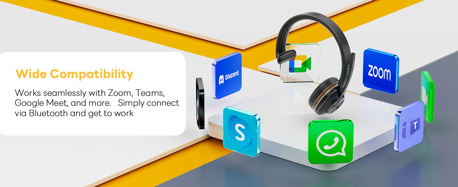 Text reads 'Wide Compatibility' and 'Work over really any Zoom, Skype, Google Meet, Facetime, Teams and more on any mobile and PC.' Illustration showing wireless headphones with app icons including Zoom, Skype, Teams, and other communication software logos.