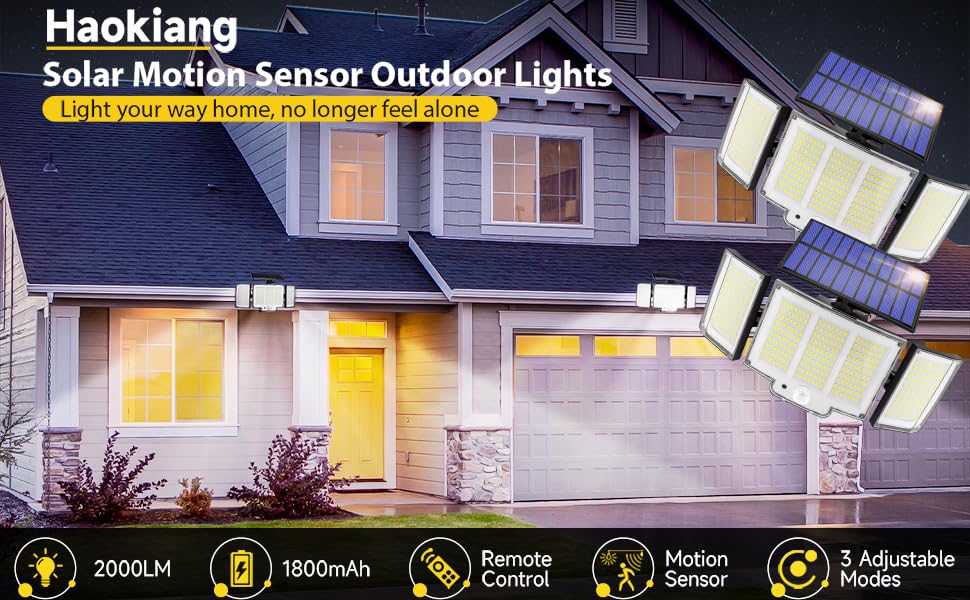 Text reads 'Haokiang Solar Motion Sensor Outdoor Lights'. Product features shown include 2000LM, 1800mAh, motion sensor, and waterproof capabilities.