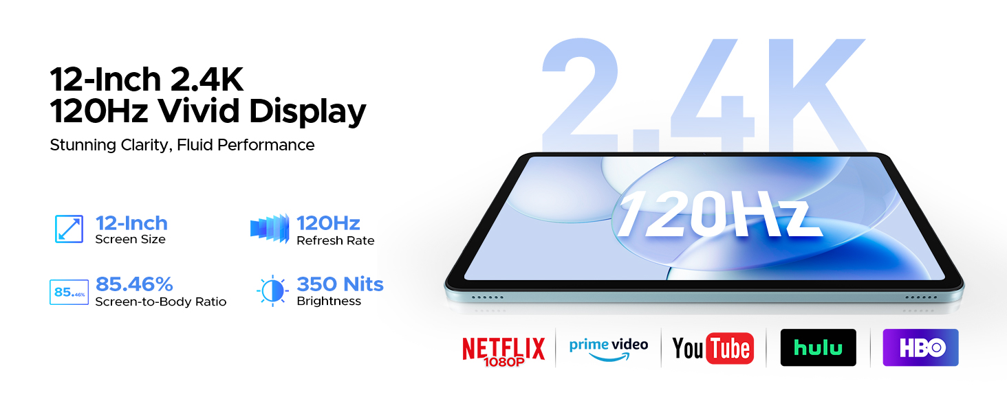 Text reads '12-inch 2.4K 120Hz Vivid Display' with '2.4K' and '120Hz' prominently displayed. Tablet device shown with streaming service logos including Netflix, YouTube, and others below screen.