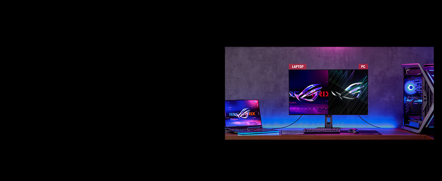 Gaming setup featuring blue and purple LED lighting, multiple monitors, and gaming peripherals arranged on a desk in dark ambient lighting.