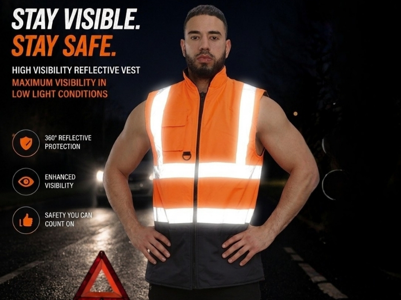 Text reads 'SIZE CHART', 'FIND YOUR PERFECT FIT', 'Sizing Chart', with orange and black sizing table showing measurement specifications for clothing garments.