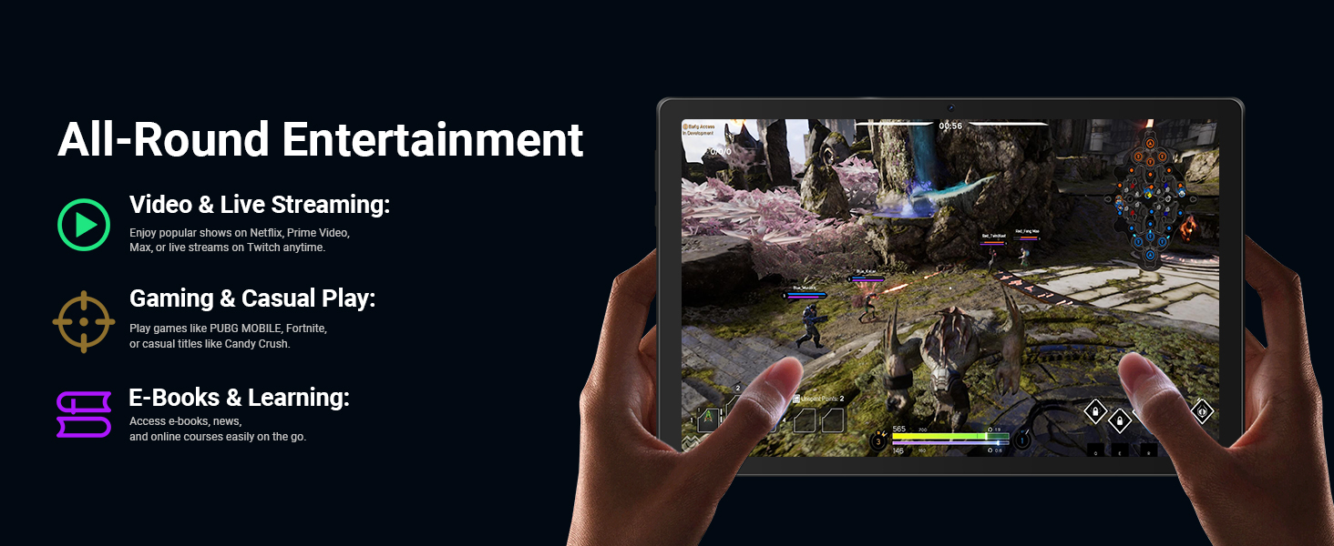 Text reads 'All-Round Entertainment', 'Video Game Streaming', 'Movies & Casual Play', 'E-Books & Learning'. Hand holding gaming controller with entertainment interface options and outdoor activity scenes displayed.