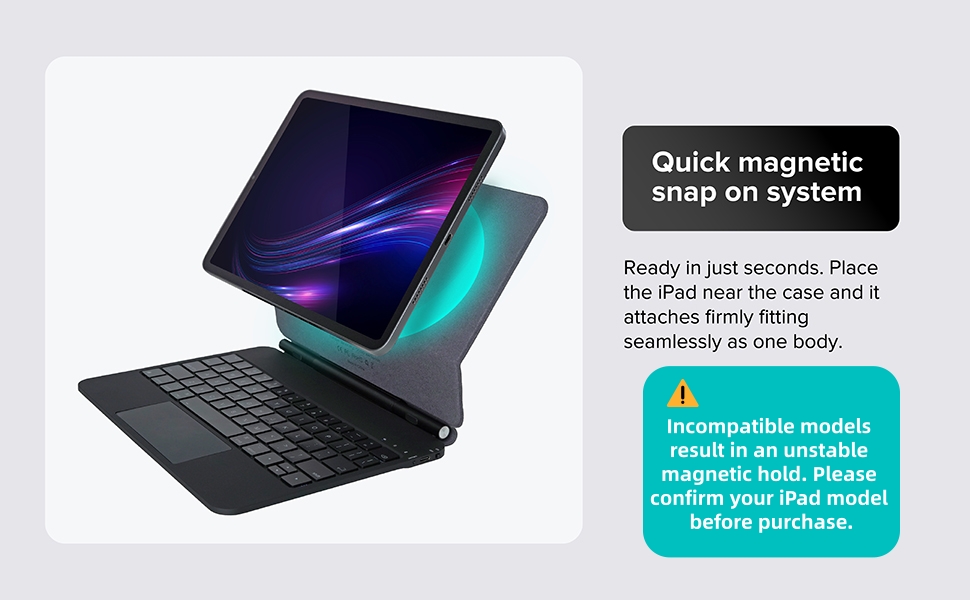 Text reads 'Quick magnetic', 'Snap on system'. Multiple marketing images showing a black laptop or tablet device with magnetic attachment system features.