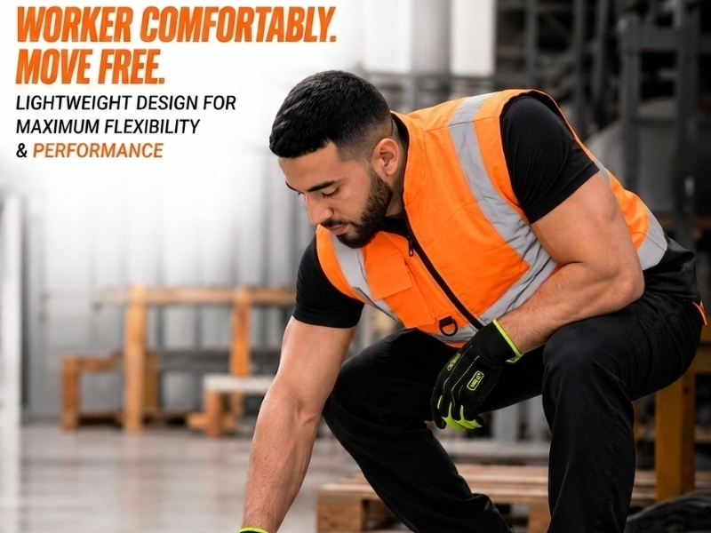 Text reads 'WORKER COMFORTABLE, MOVE FREE' 'LIGHTWEIGHT DESIGN FOR' 'COMFORTABLE USABILITY' '& PERFORMANCE'. Worker in orange safety vest demonstrating product comfort during labor.