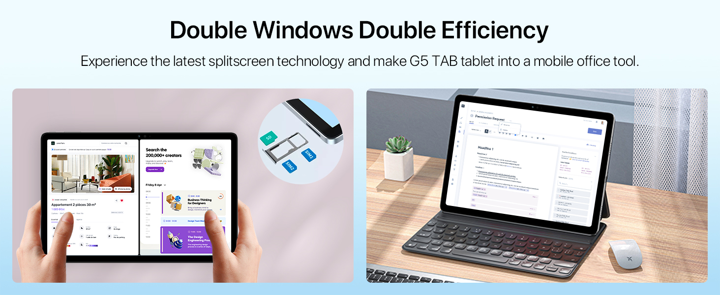 Tablet and laptop showcasing dual-screen functionality. Left image shows split-screen use on tablet, right image displays laptop with extended desktop setup.