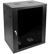 Black wall-mount network cabinet with ventilation holes on top panel. Professional server rack enclosure with solid metal construction and secure mounting features.