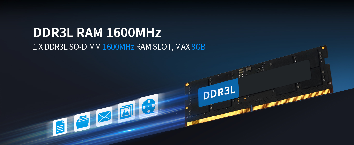 Text reads 'DDR3L RAM 1600MHz'. Close-up product shots of computer RAM memory stick with blue LED lighting effects.