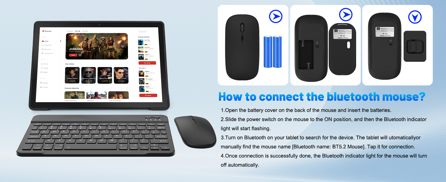 Text reads 'How to connect the bluetooth mouse?' Laptop with external mouse shown on left; instruction panel on right displaying bluetooth mouse models and step-by-step connection guide with numbered steps.