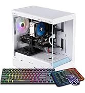 Gaming PC setup featuring multiple views of a black computer case with RGB cooling fans, transparent side panel, and RGB gaming peripherals including keyboard and mouse.