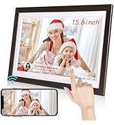 Digital photo frame with distressed black wood finish, displaying synchronized content between frame and smartphone photo gallery interface.