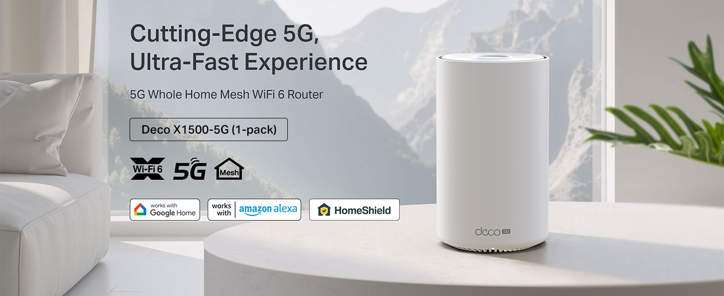 Text reads 'Cutting-Edge 5G, Ultra-Fast Experience'. White cylindrical wireless router device shown on white desk surface with indoor plant in background.