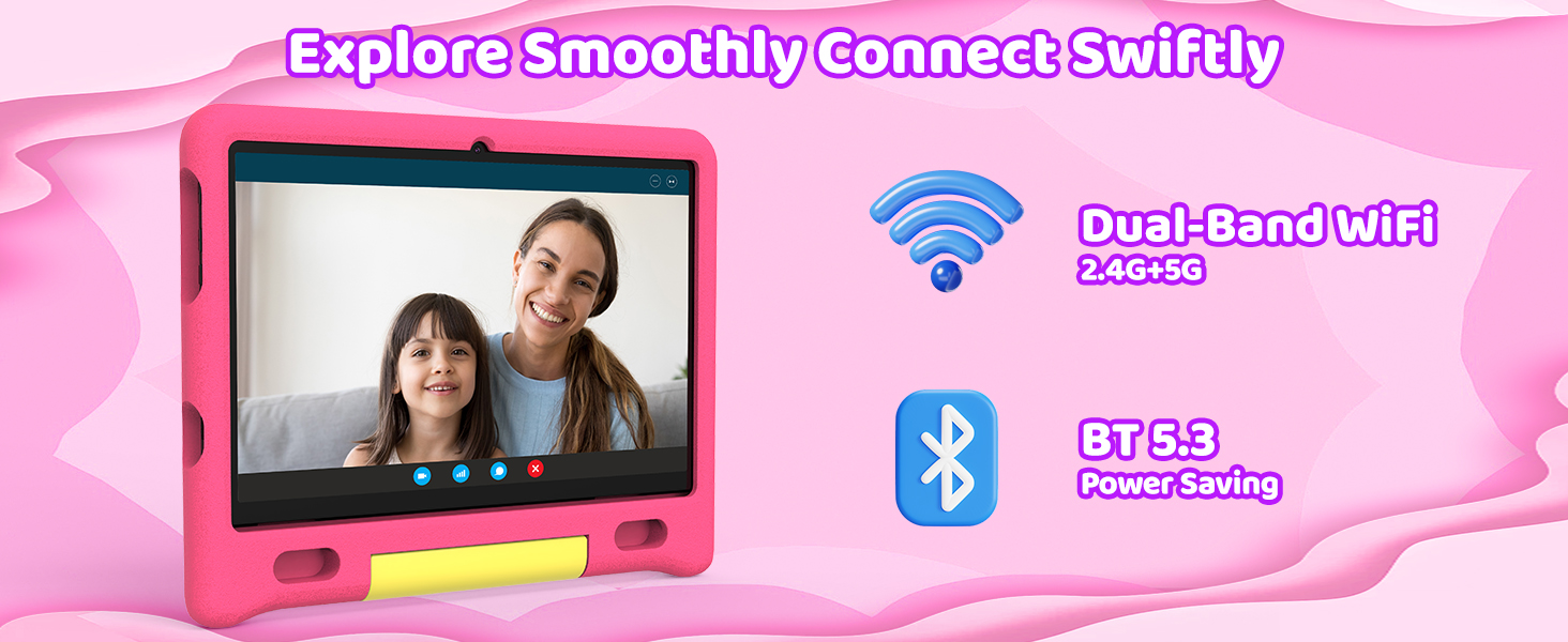 Text reads 'Explore Smoothly Connect Swiftly' 'Owl Switch Retsis' 'STP3 Bluetooth'. Pink tablet device displaying video call on screen with connectivity feature icons.