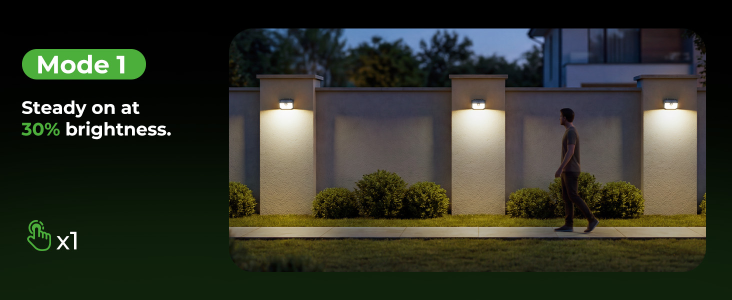 Text: 'Mode 1', 'Steady on at', '30% brightness'. Outdoor lighting demonstration showing multiple illuminated areas with different brightness settings.