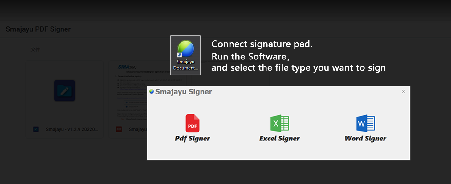 Text reads 'Connect signature pad. Run the Software.' Software interface showing Simplejoy Signer with three options: PDF Signer, Excel Signer, and Word Signer icons.