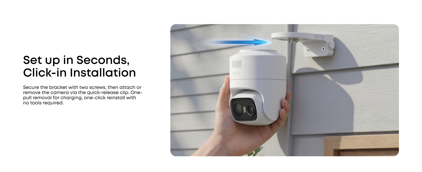 Text reads 'Set up in seconds. Click-in installation' with image of hand holding small white cylindrical smart device near door mount.