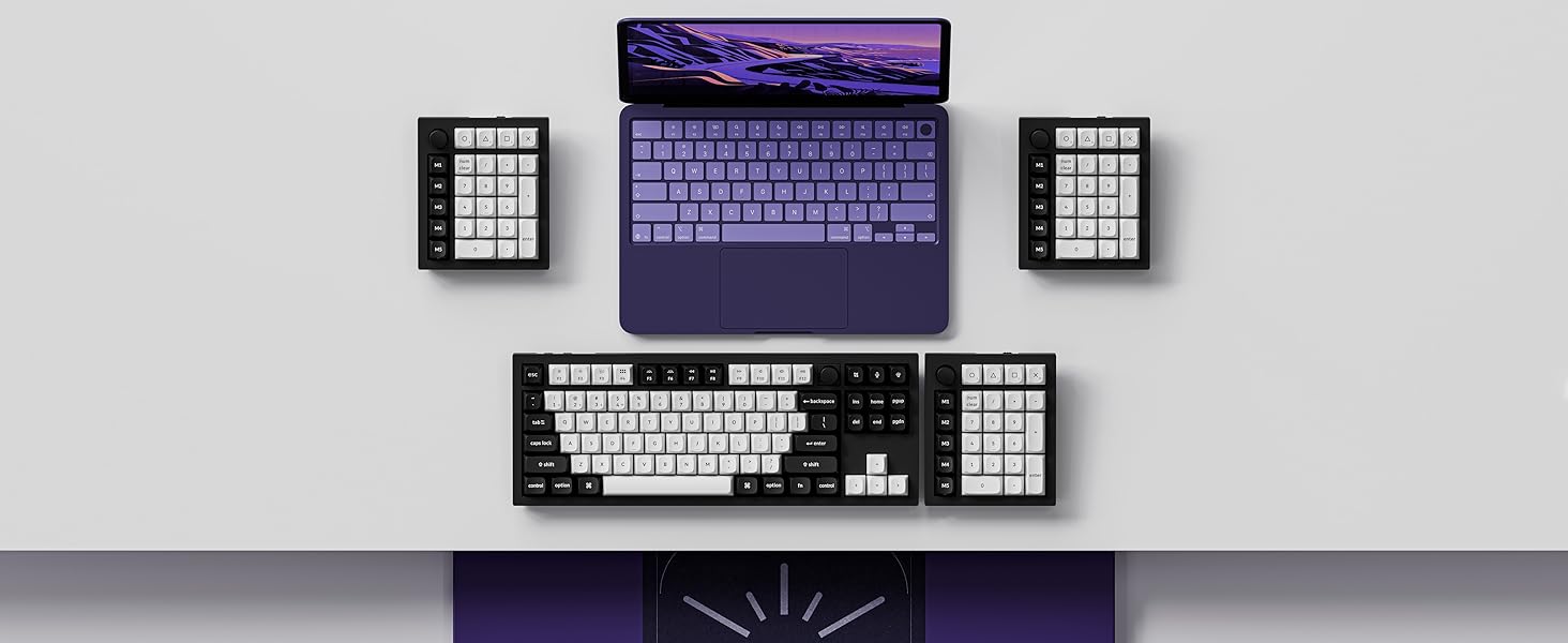 Text reads 'Launcher Web Configurator'. Desktop workspace showing software interface with purple waveform visualization, brand logos (Google, etc.), and equipment setup for web configuration tool.