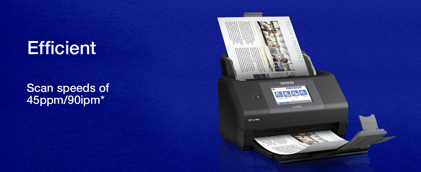 Text reads 'Efficient' and 'Scan speeds of 45ppm/90ipm*'. Black flatbed document scanner on blue background with papers loaded in feed tray.