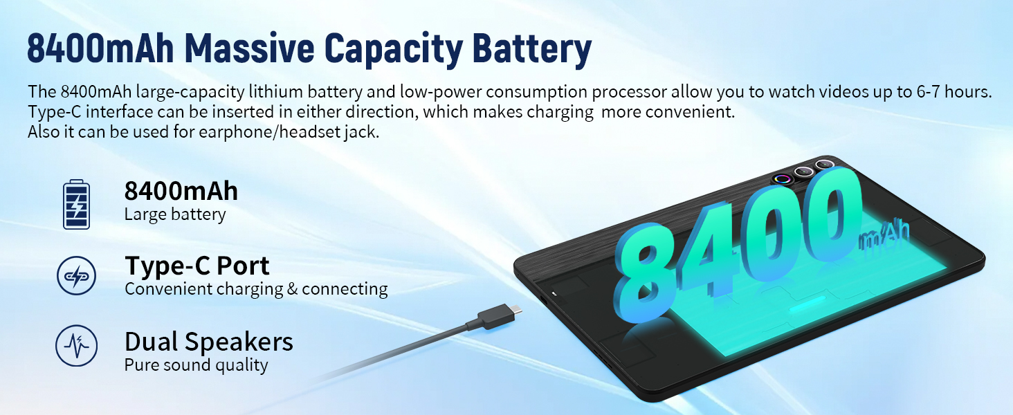 Text reads '9400mAh Massive Capacity Battery' with product specifications including '65W Fast Charging', 'USB-C Port', 'Dual Speakers'. Smartphone displaying 9400mAh capacity with blue text and product icons.