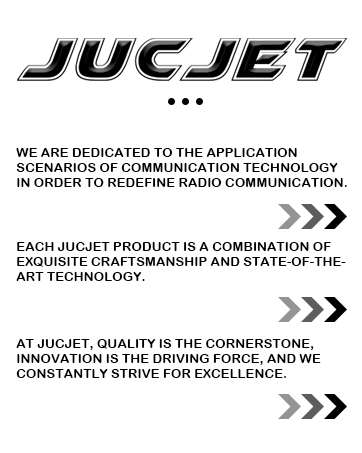 JUCJET company branding text display with corporate mission statements about communication technology and quality standards.