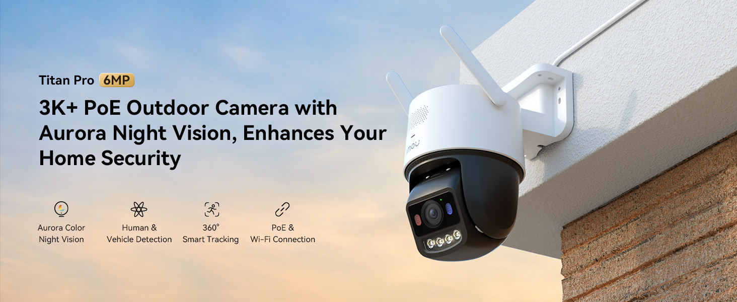 Text reads '2K+ Pet Outdoor Camera with Aurora Night Vision, Enhances Your'. Black security camera mounted on exterior wall, showing product details and features.